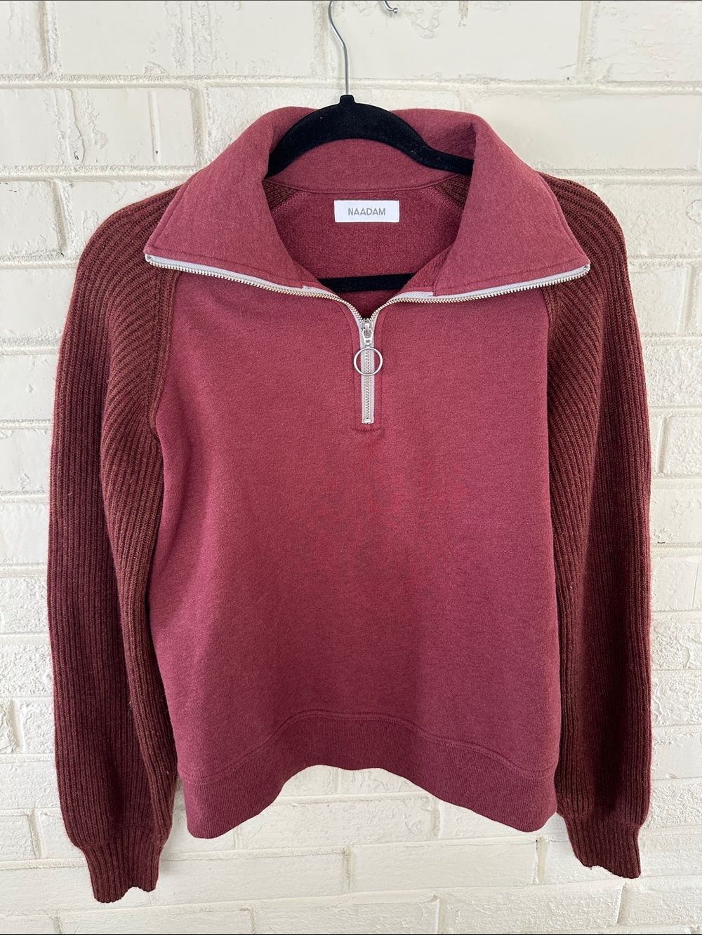 NAADAM Luxe Fleece Cashmere Blend Quarter Zip Maroon Burgundy Pullover S Cozy